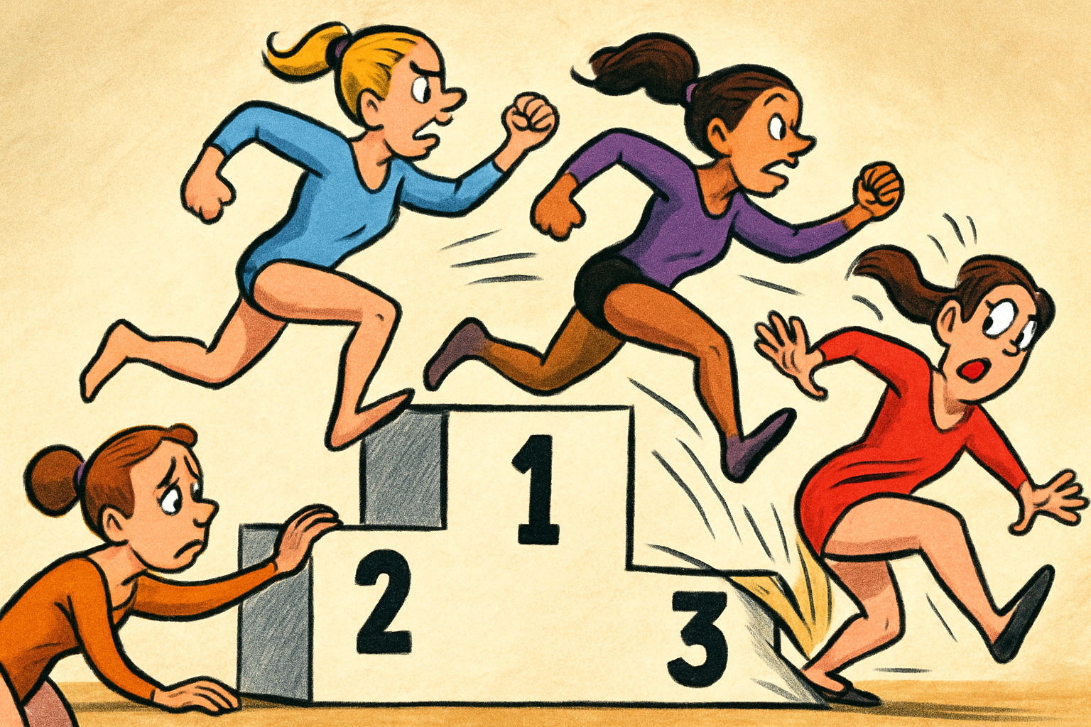Editorial cartoon of a medal podium: gymnasts in blue and purple leap up onto the gold and silver steps while a gymnast in red tumbles down toward the third-place step and a fourth gymnast in orange, at the base, just misses out