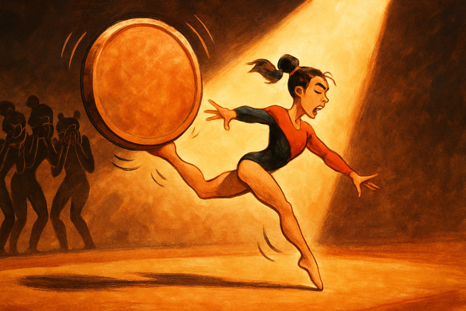 Editorial cartoon: a gymnast in a red-and-black leotard leaps across a spotlit floor as an enormous wobbling bronze medal hovers by her hand, while shadowy teammates peek through their fingers in suspense