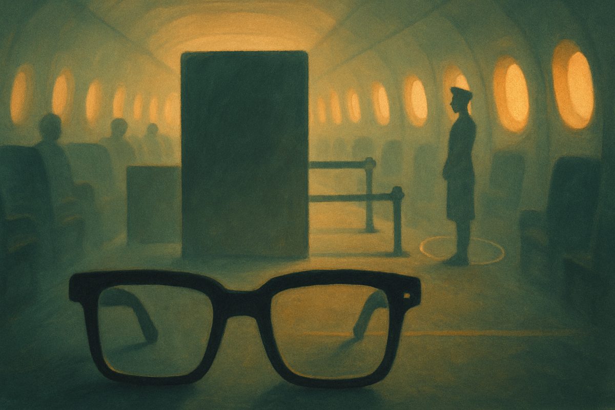 A muted teal-and-amber painterly illustration inside an aircraft cabin lit by a row of glowing round windows.