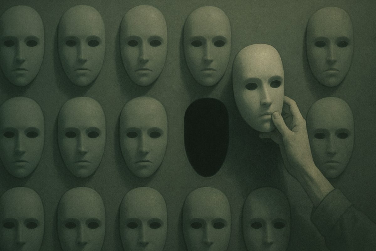 Rows of identical pale masks fixed to a dim green wall; a hand lifts one mask away, leaving a dark empty hole where a face should be