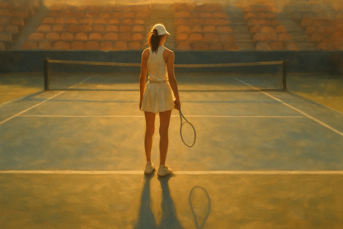 A tennis player stands alone at the baseline of an empty court in low golden light, racket at her side, her long shadow