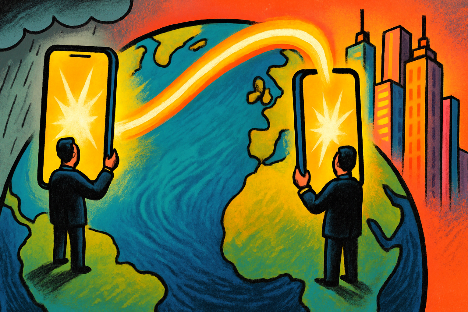 Cartoon of two suited figures seen from behind on a globe, one on a rainy island and one by bright skyscrapers, each holding up a giant glowing phone, the two screens linked by an arc of light across the ocean