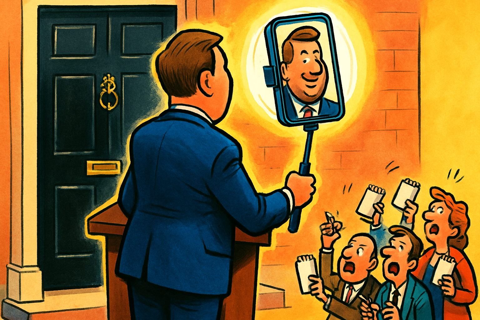 Cartoon of a suited politician seen from behind at a government lectern by a glossy black door, turning away from tiny startled reporters to film a selfie video on a huge ring-lit smartphone