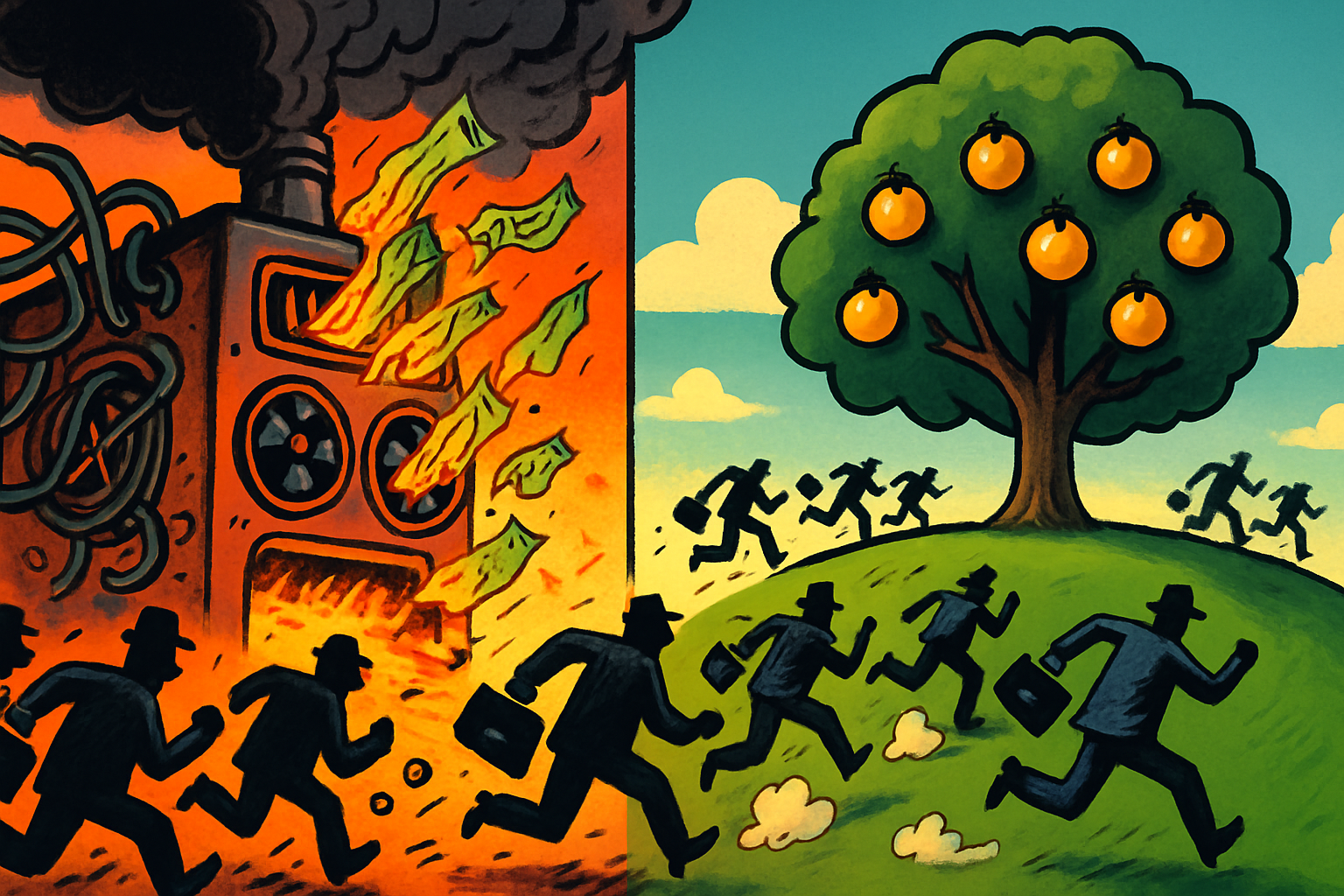 Editorial cartoon split scene: silhouetted investors in hats flee a smoking, cable-tangled machine spewing burning banknotes on the left, and run across a green hill toward a tree laden with glowing golden fruit on the right