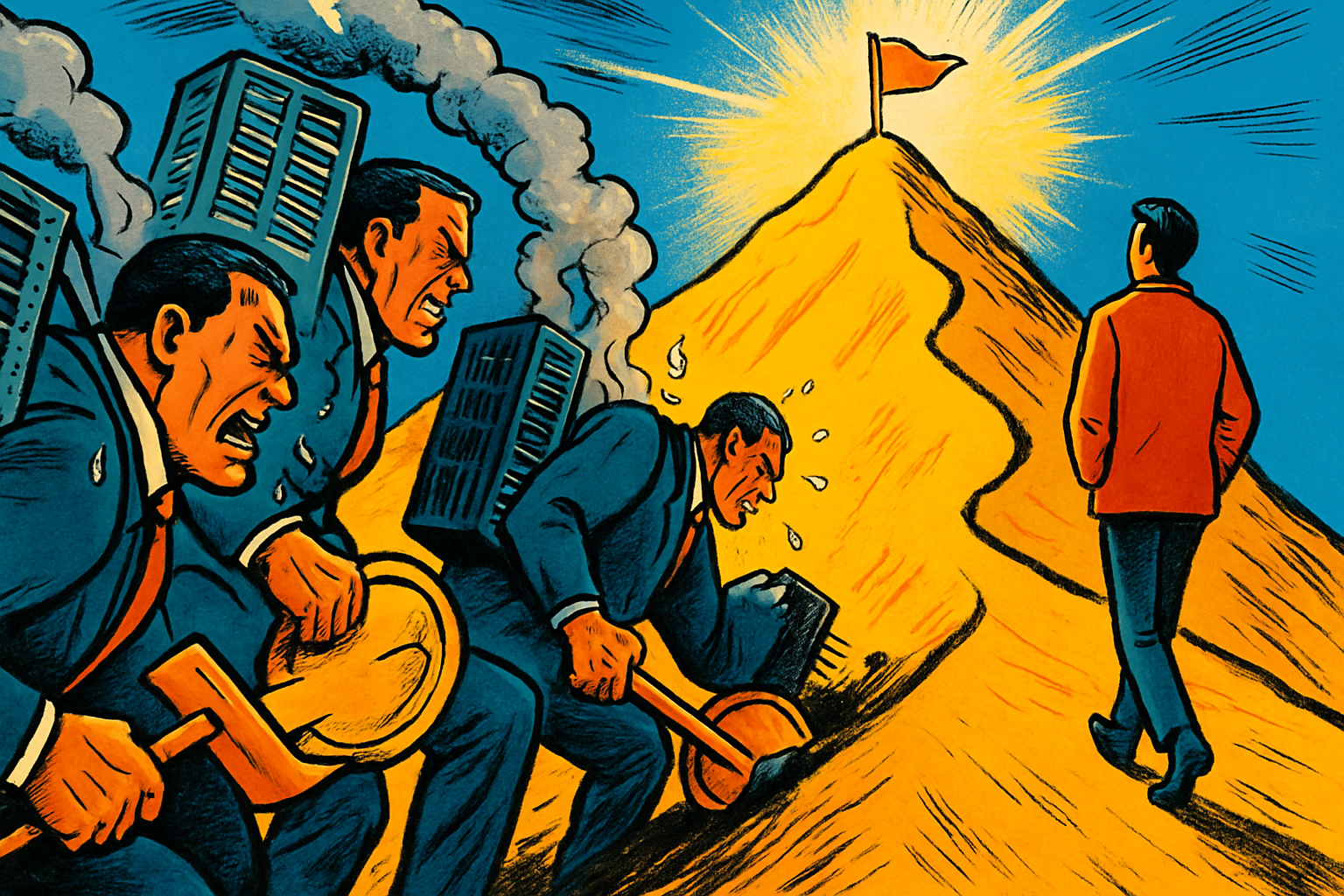 Editorial cartoon: three straining businessmen haul smoking server racks and shovels up a golden mountain while a relaxed man in a red jacket, seen from behind with hands in pockets, strolls easily toward the glowing summit flag