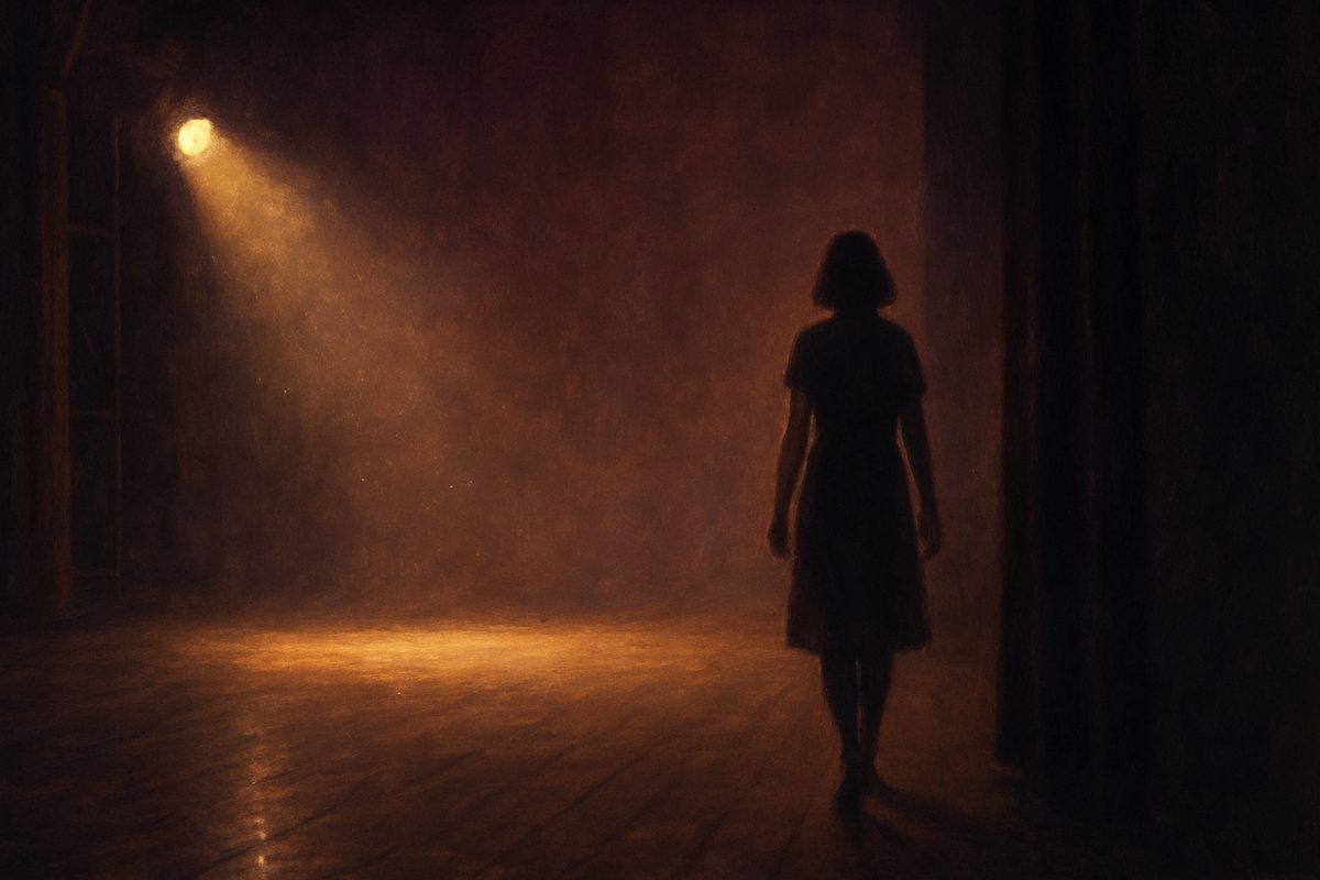 A figure in silhouette walks off a dark stage into the wings while a single spotlight still burns on the empty boards behind