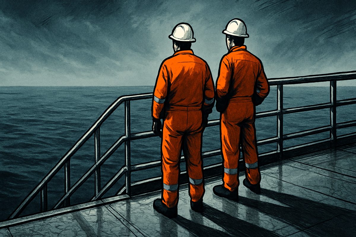 Editorial cartoon: two offshore oil workers in orange overalls and white hard hats, seen from behind, stand at a railing on a wet platform deck looking out at an empty grey sea