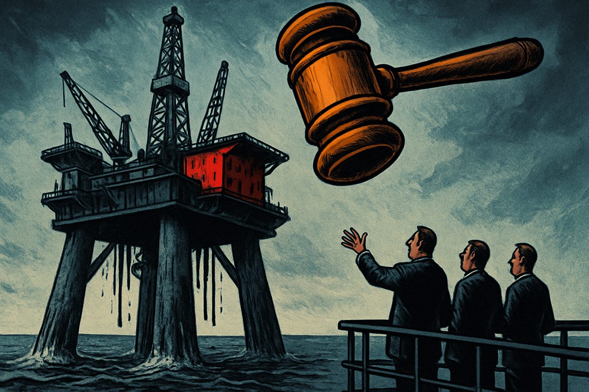 Editorial cartoon: a weathered offshore oil platform stands in a dark grey sea beside a giant wooden auctioneer gavel in the sky, while three suited men at a railing, seen from the side, look up and one raises a hand