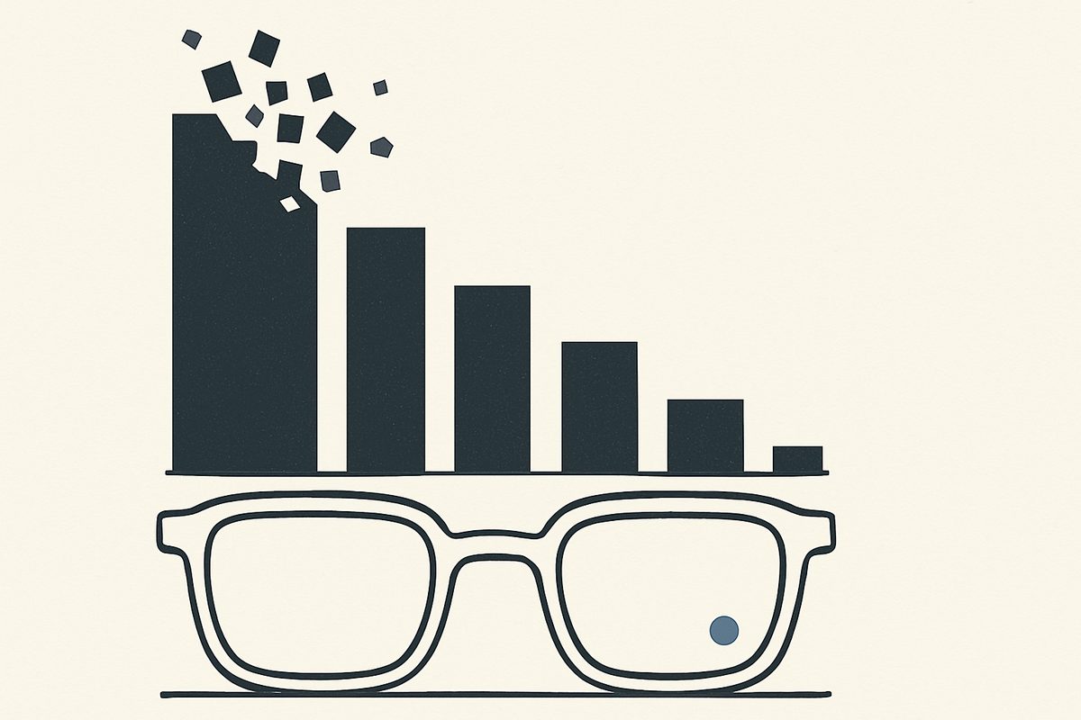 A flat editorial illustration on a bone-white background. Six charcoal bars stand in a row, descending steeply in height