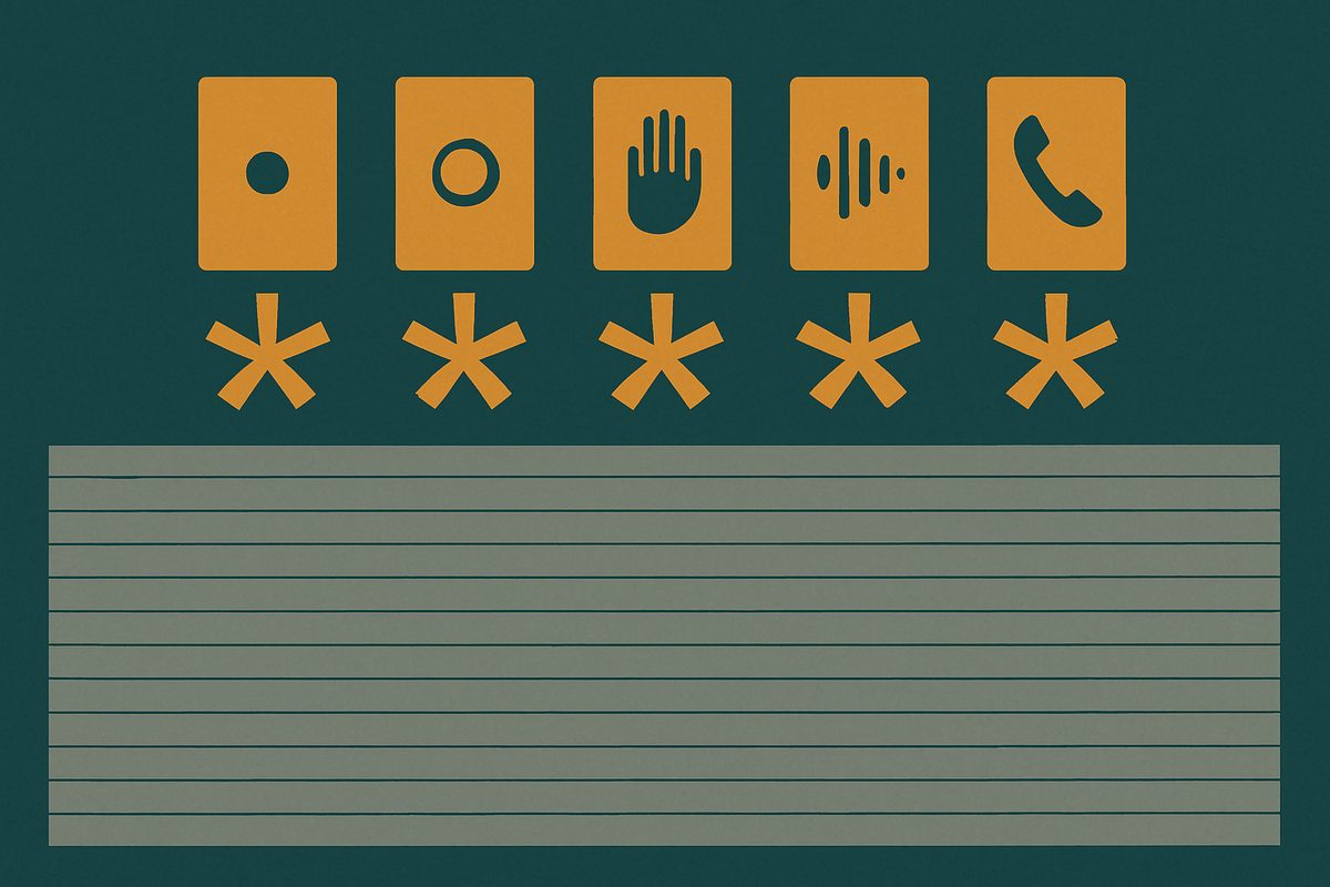 Five small amber cards in a row on a dark teal field, holding a dot of light, a lens, a hand, a sound wave and a telephone handset; a large asterisk hangs under each one, and a block of blank grey ruled lines below them fills more than half the frame