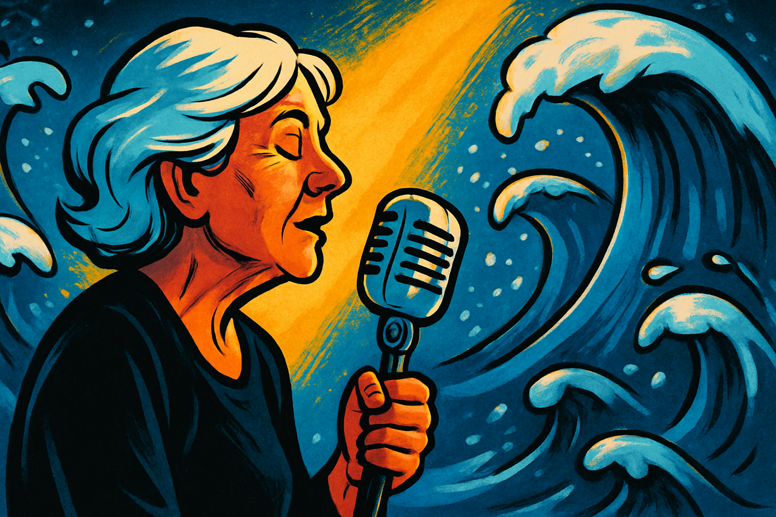Editorial cartoon: a white-haired older woman in profile, eyes closed, sings into a vintage chrome microphone against towering blue ocean waves lit by a warm golden beam