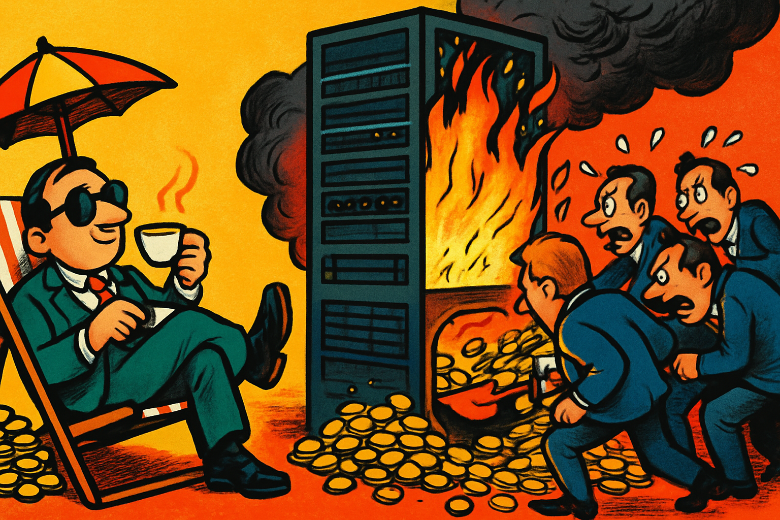 Editorial cartoon: on the right, sweating suited executives frantically shovel gold coins into a burning server rack belching black smoke; on the left, one relaxed figure in sunglasses lounges in a deckchair sipping tea beside a tidy pile of coins
