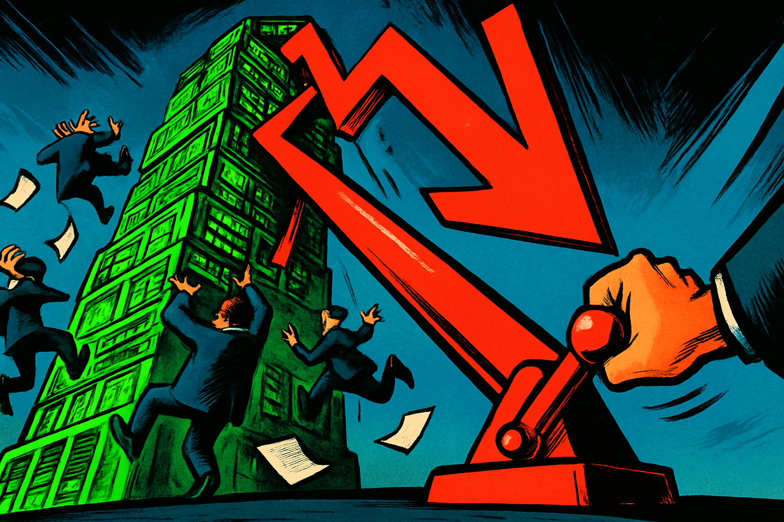 Editorial cartoon: a towering stack of glowing green server and chip units leans over as a giant red downward arrow smashes through it, small suited traders flee and tumble with papers flying, while a hand in the foreground yanks a red emergency lever