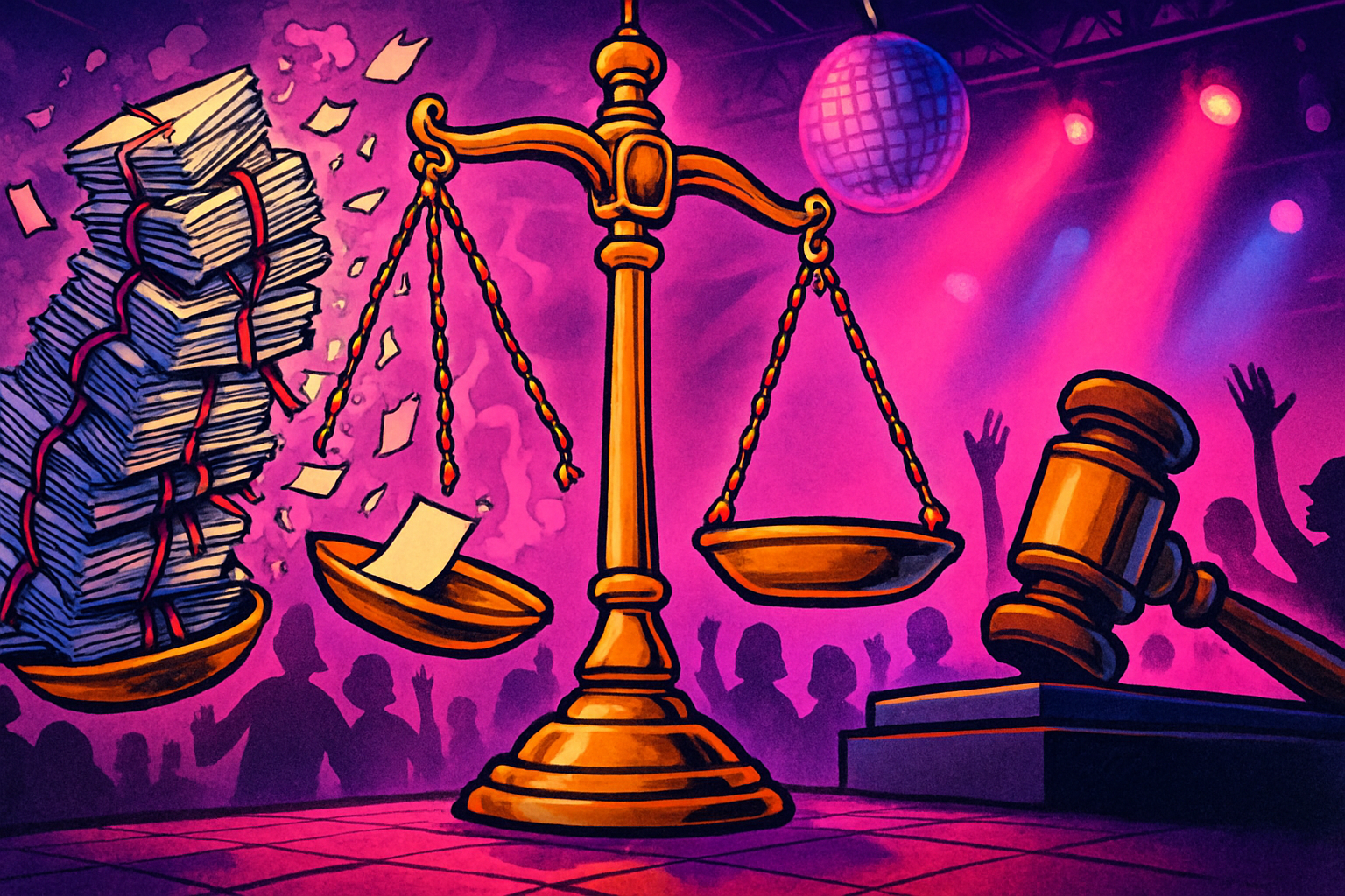Editorial cartoon: golden scales of justice on a nightclub dance floor under a disco ball and stage lights; one pan buckles under a toppling stack of ribbon-tied legal document bundles while another holds a single sheet of paper, with a large wooden gavel on a block and a silhouetted crowd raising their arms
