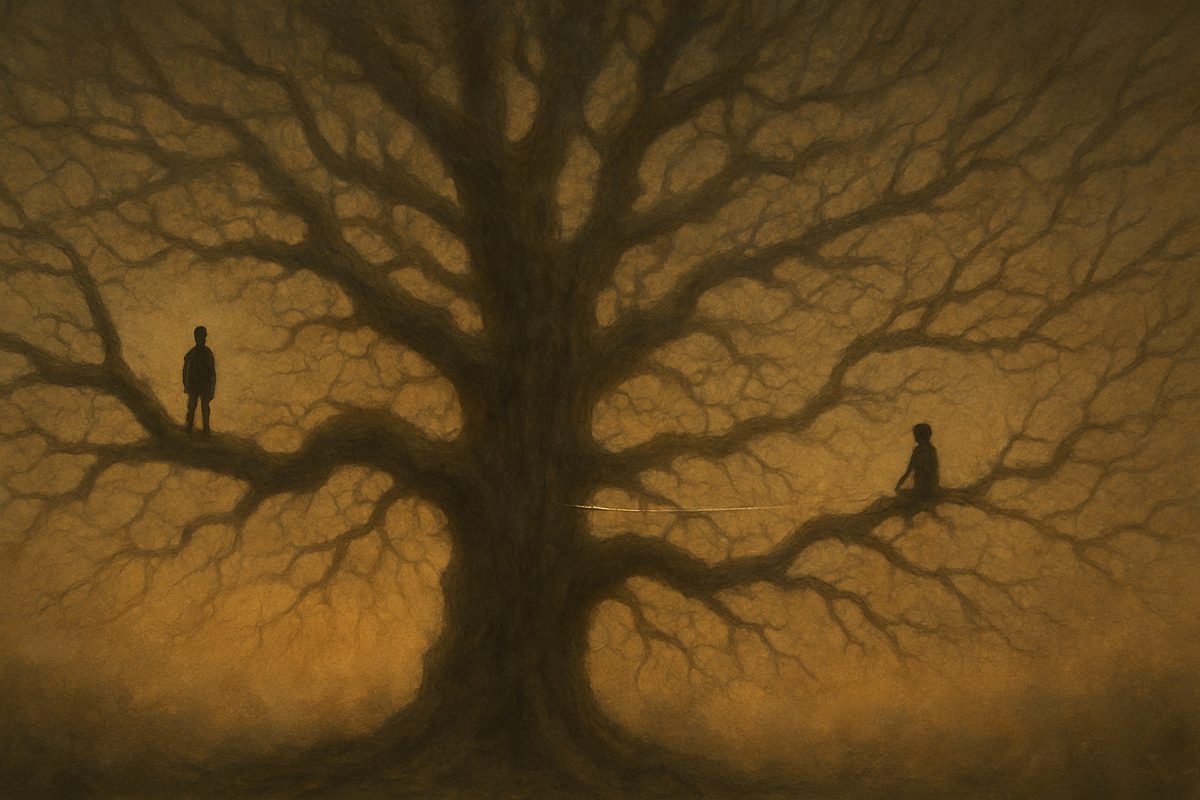 A single huge bare-branched tree in golden dusk mist; a small silhouetted figure stands on a branch at the far left and another sits on a branch at the lower right, a faint thread of light stretched between them across the tangle of branches
