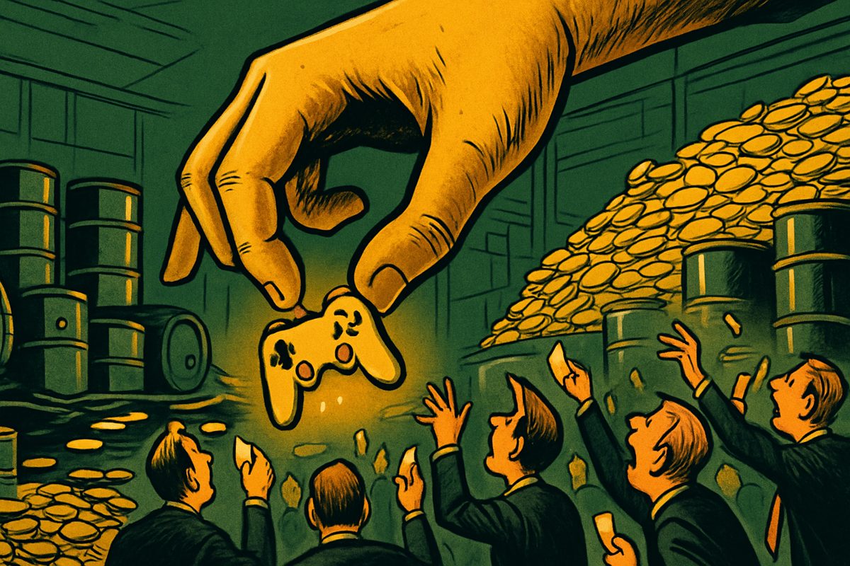 Editorial cartoon: an oversized golden hand pinches a glowing yellow game controller above a green warehouse of oil barrels and heaped gold coins, while a crowd of suited men below reach up waving small paper slips