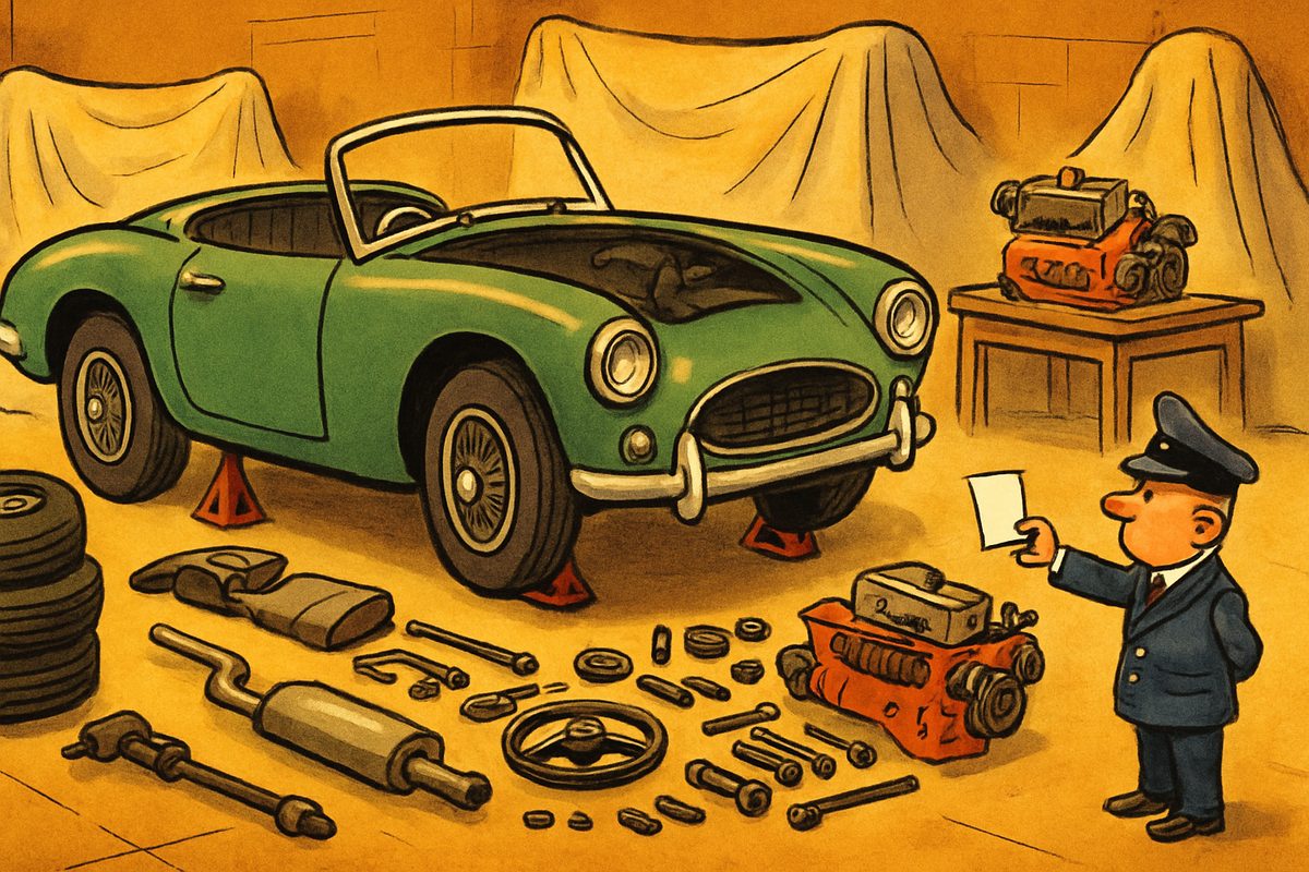 Cartoon of a vintage green sports car raised on axle stands in a workshop, its engine, exhaust and wheels laid out across