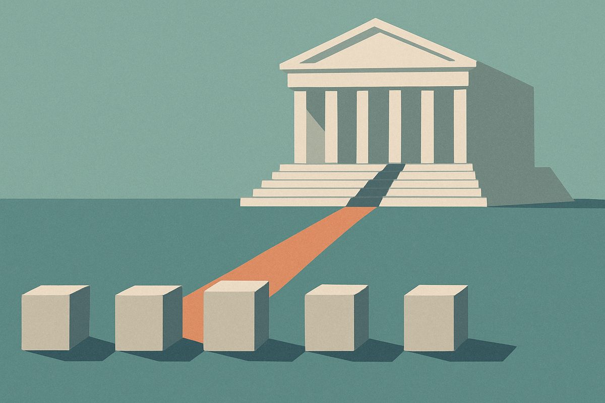 Five small pale blocks stand in a row; one casts a long orange shadow that climbs the steps of a large columned civic