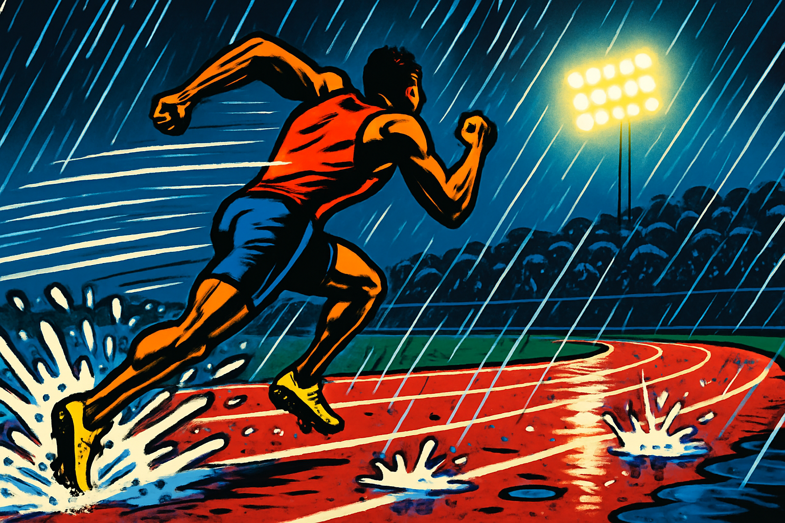 Comic-style illustration of a lone sprinter in a red vest powering around a floodlit red running track at night in driving rain, spikes kicking up sprays of water, a distant crowd under umbrellas