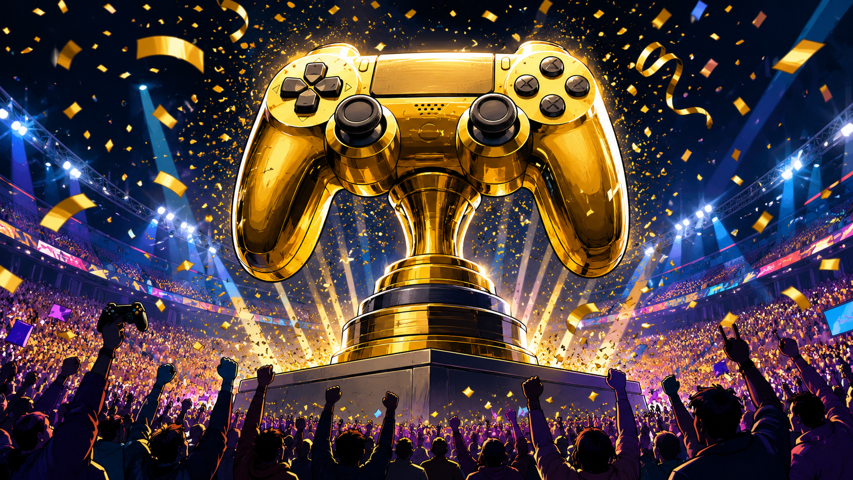 A giant golden trophy shaped like a video-game controller rises above a roaring, confetti-filled arena as silhouetted fans cheer.