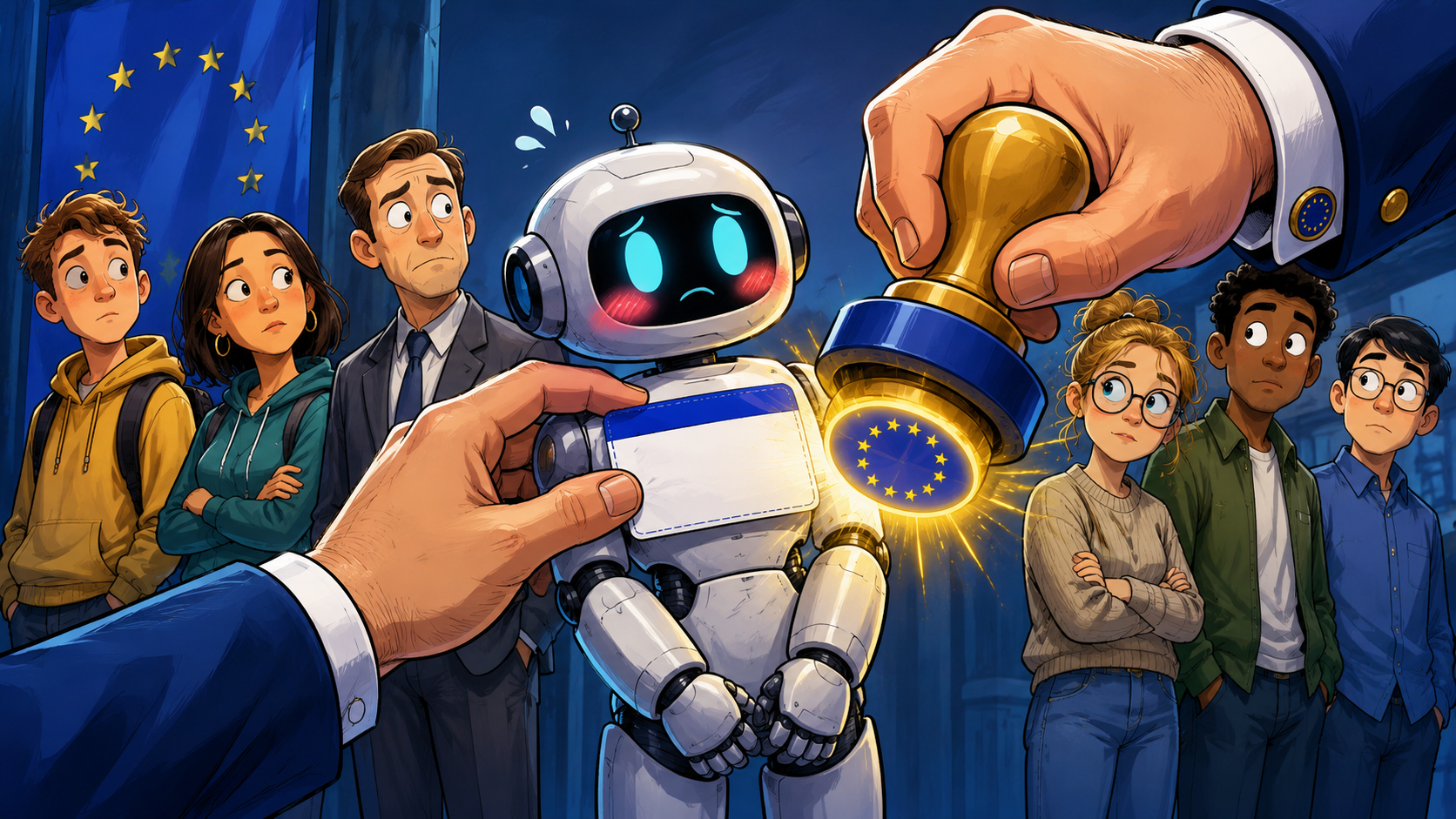 A cartoon robot is fitted with a blank name badge and stamped with a glowing EU star seal while onlookers watch.