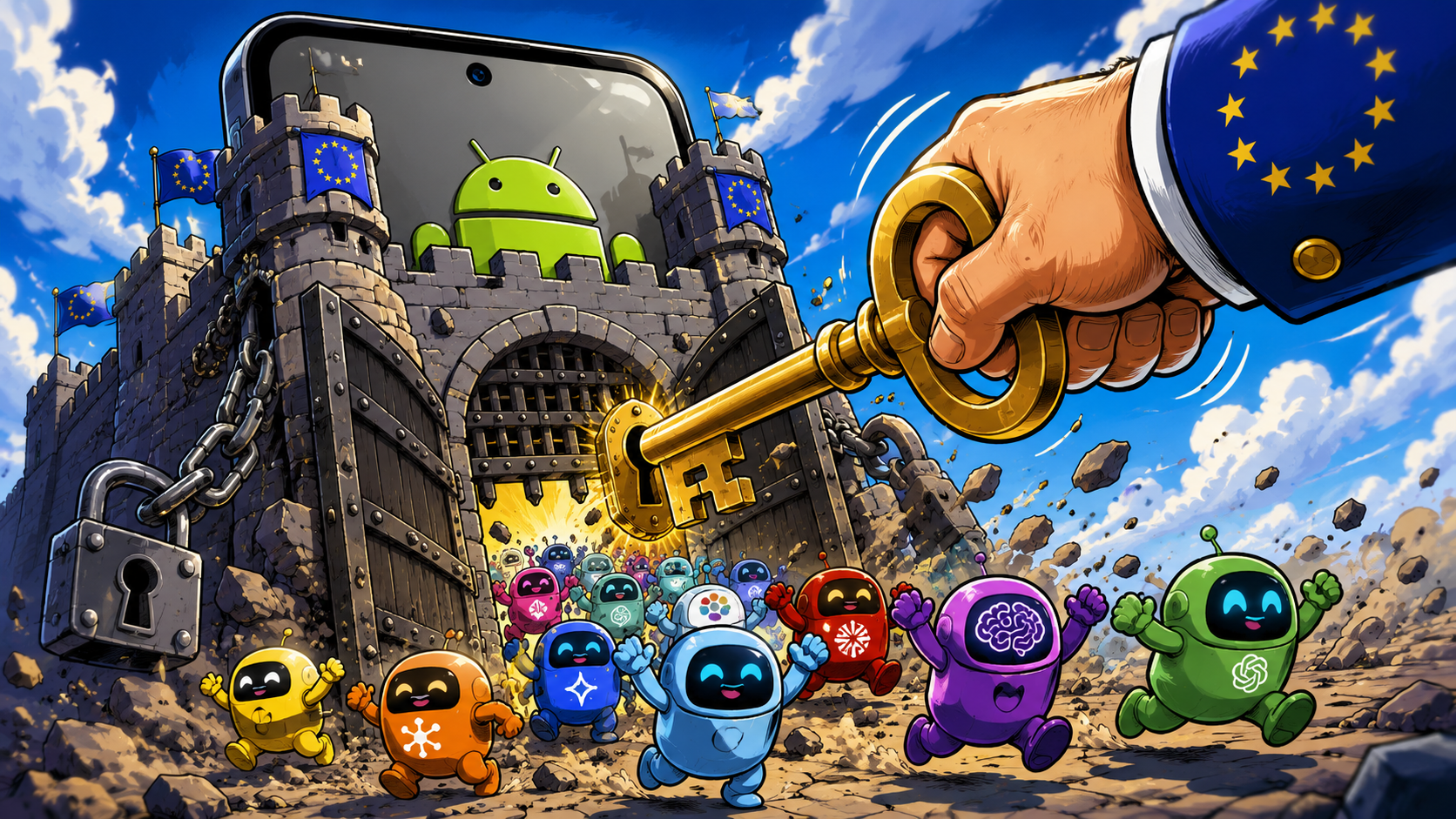 A giant hand with an EU-blue cuff turns a huge key in the gate of a castle shaped like an Android phone as colourful rival-AI robots stream out.