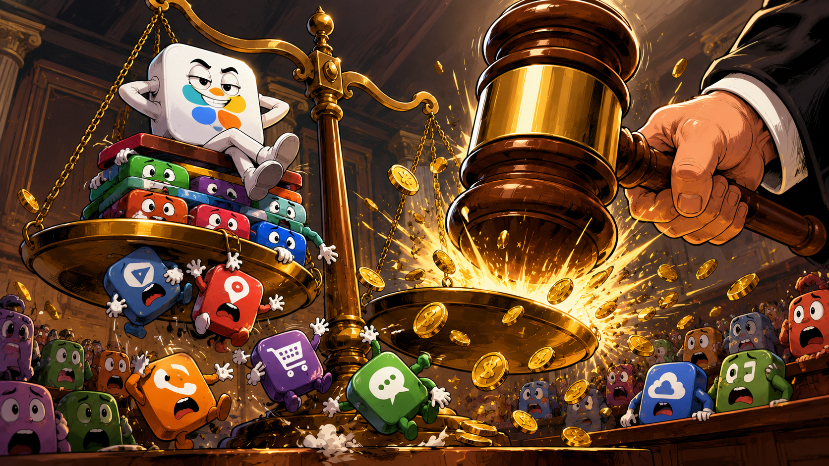A judge's gavel crashes down over the scales of justice, where a smug white app lounges atop a pile of smaller apps as gold coins scatter.