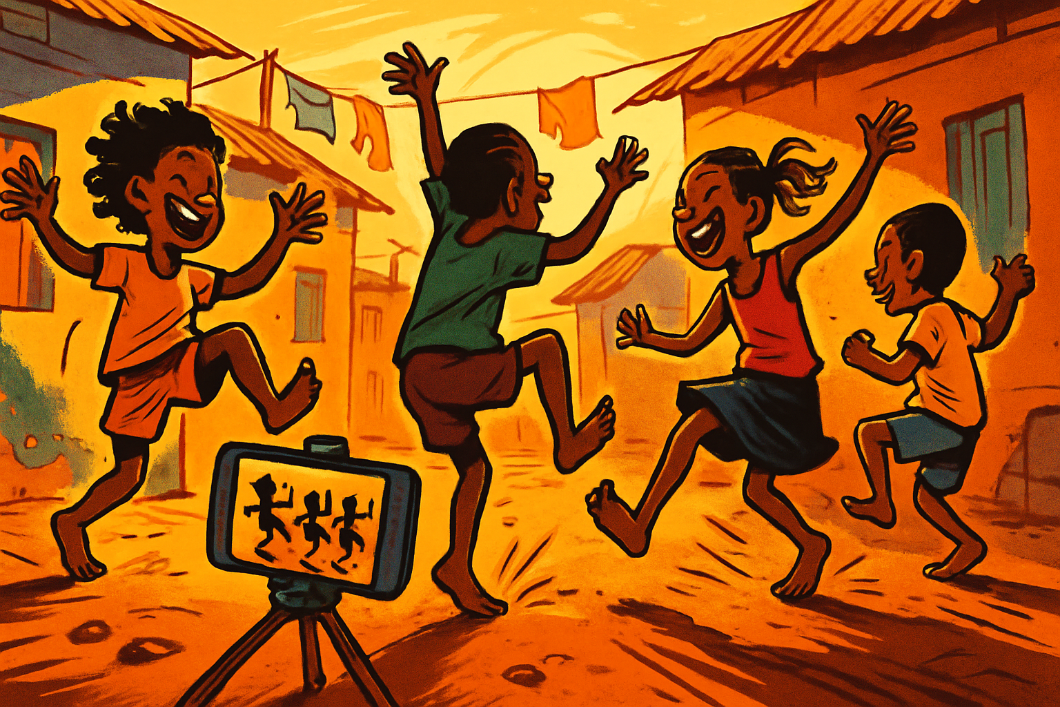 Cartoon of four children dancing barefoot mid-leap with big grins in a warm, dusty neighbourhood alley of tin-roofed houses and laundry lines, while a smartphone on a tripod films them