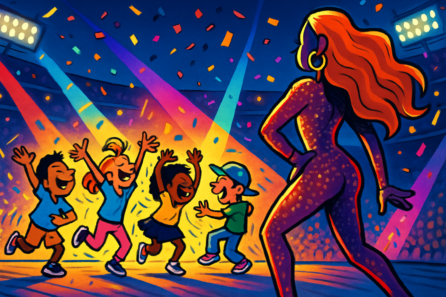 Cartoon of four grinning children dancing with arms raised beside a tall long-haired pop star in a sparkly bodysuit seen from behind, on a floodlit stadium stage under falling confetti and coloured spotlights