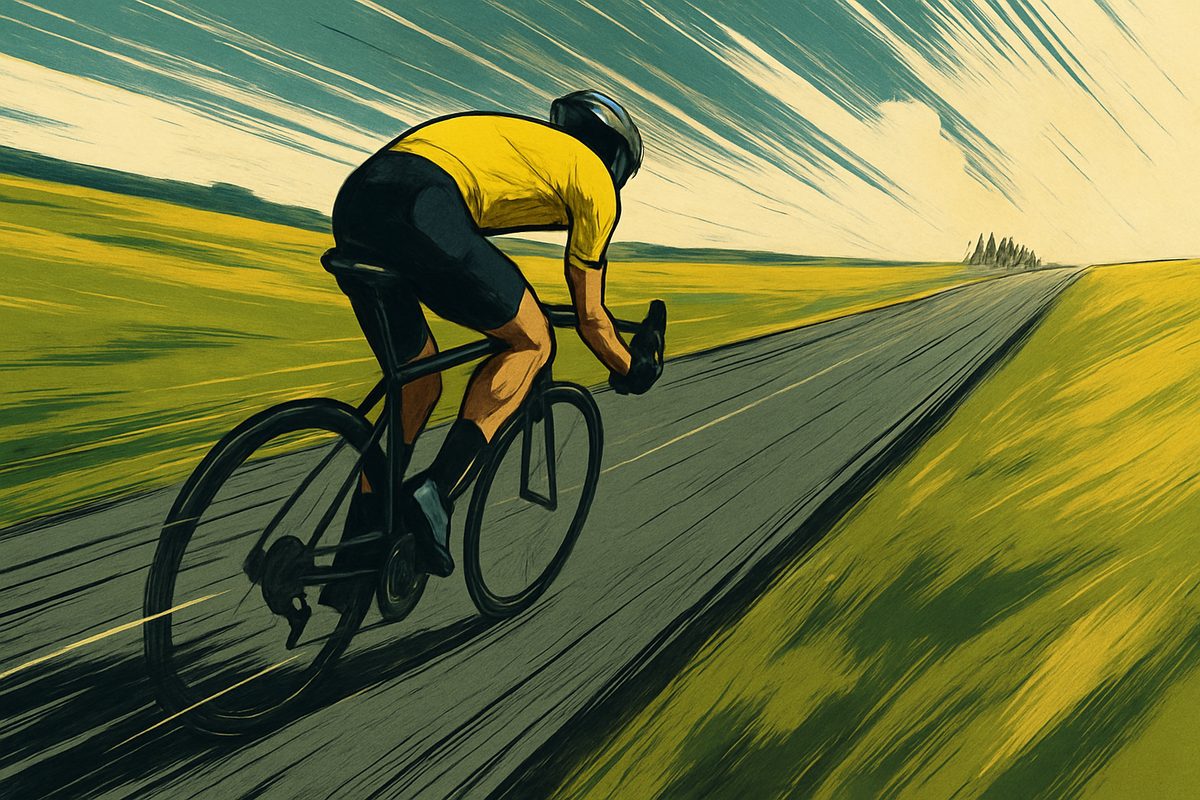 A lone cyclist in a yellow jersey, seen from behind, races down an empty road cutting diagonally through green and gold