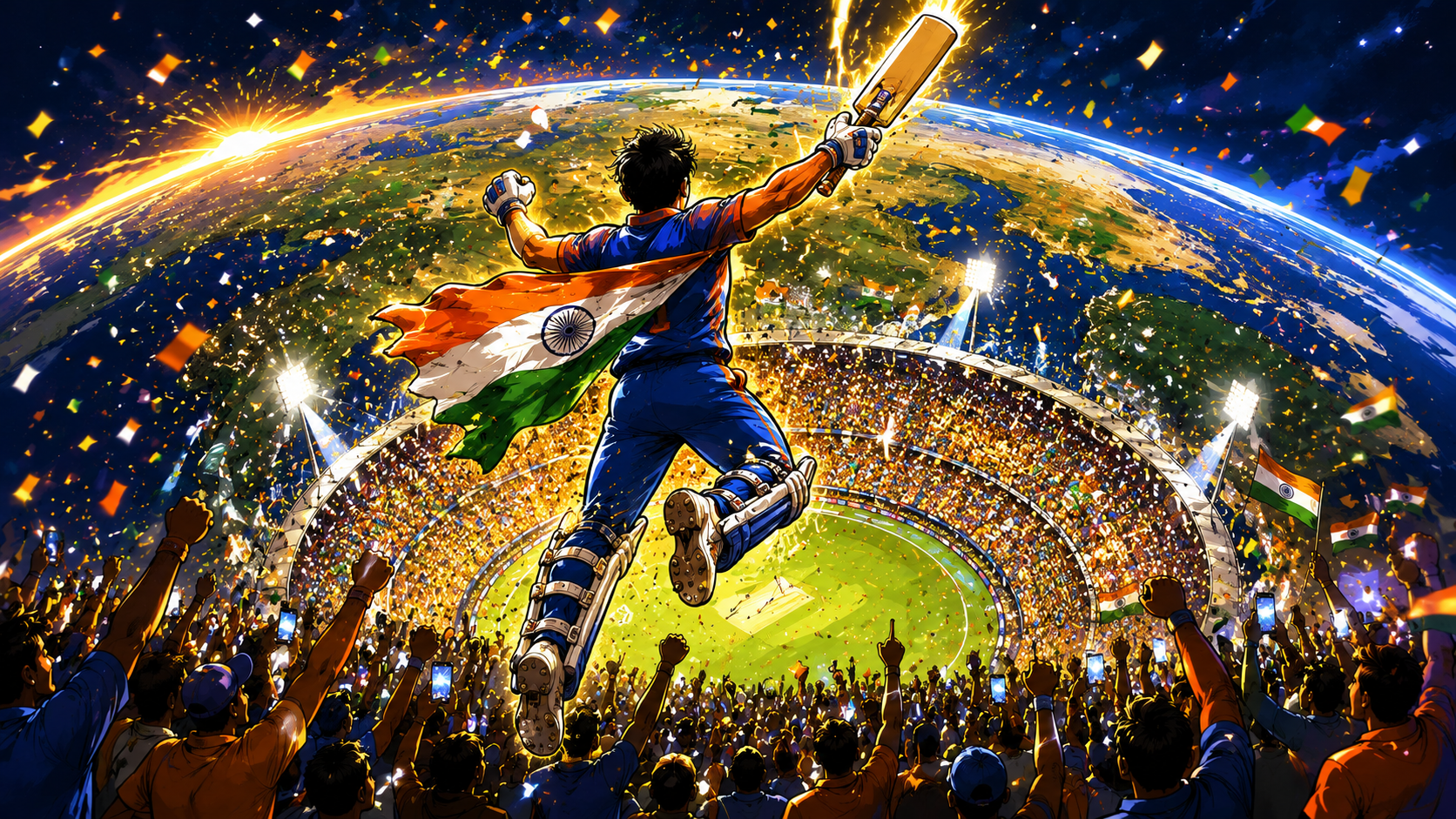 An Indian cricketer leaps in triumph with bat raised and a tricolour flag streaming, above a stadium so vast it curves with the planet.