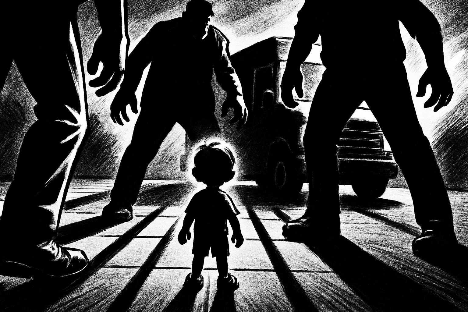 High-contrast black-and-white cartoon of a small child standing tiny between three looming adult silhouettes and a dark van, with long shadows across the ground