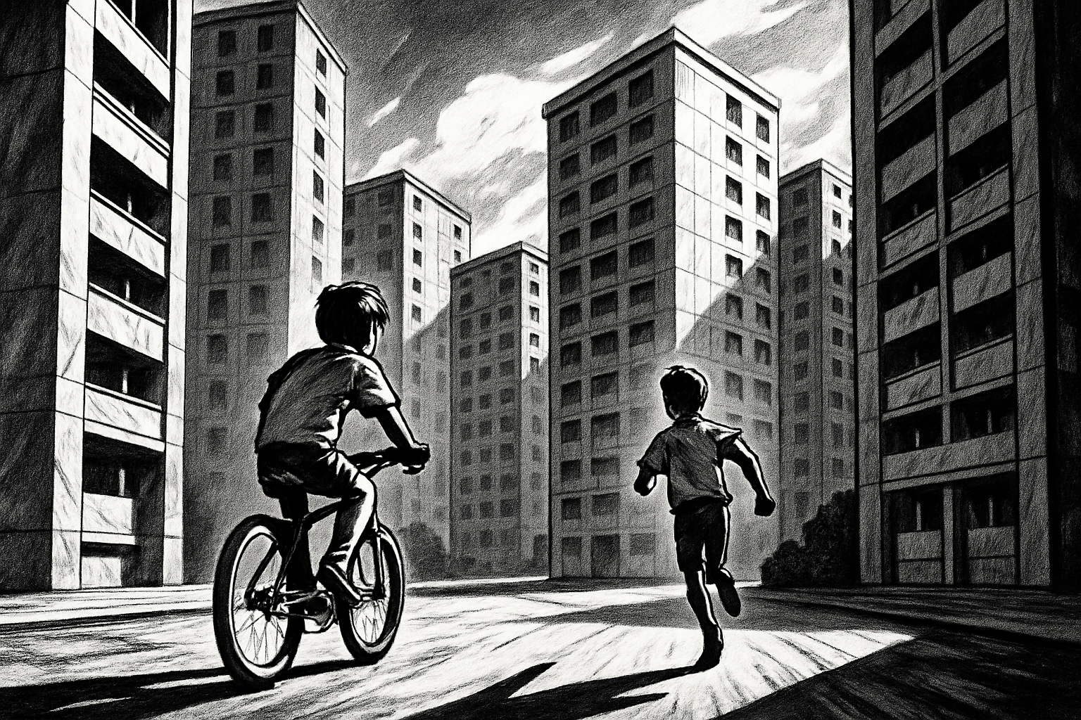 Black-and-white cartoon of two boys seen from behind, one riding a bike and one running, dwarfed by tall concrete tower blocks with a marble-like sheen