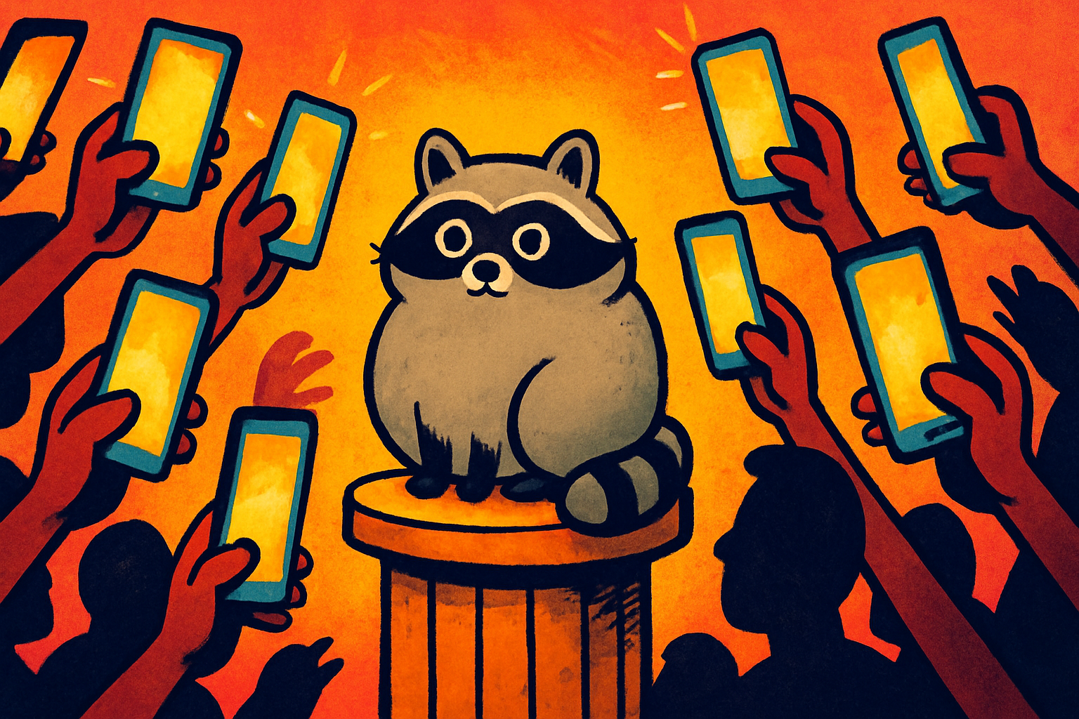 Cartoon of a round, calm raccoon sitting on a barrel-like pedestal surrounded by a crowd of silhouetted arms holding up glowing smartphones to film it, against a bright orange background