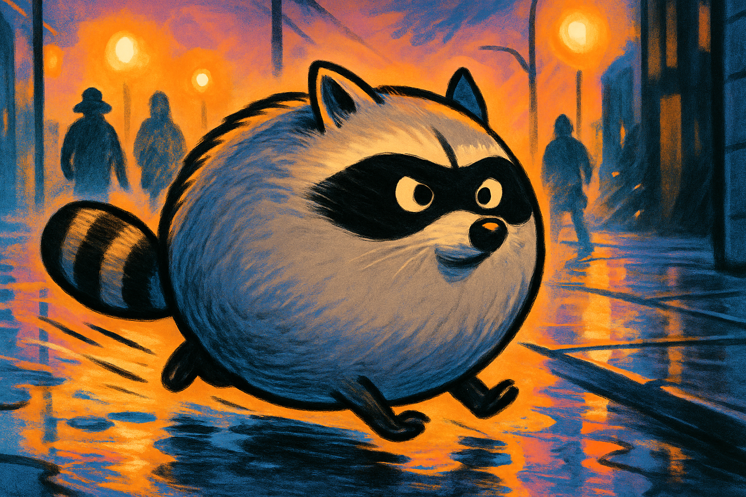 Cartoon of an extremely round, ball-shaped raccoon with a black bandit mask and ringed tail running on tiny legs across a wet, orange-lit city street at dusk, with blurred pedestrians behind