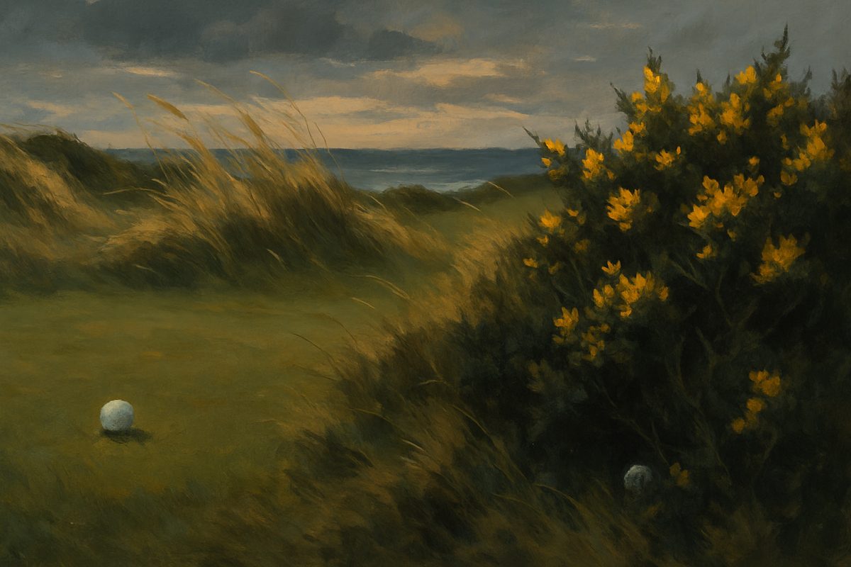 A windswept coastal links at dusk: one golf ball sits clean on mown fairway grass at the left, while another is barely