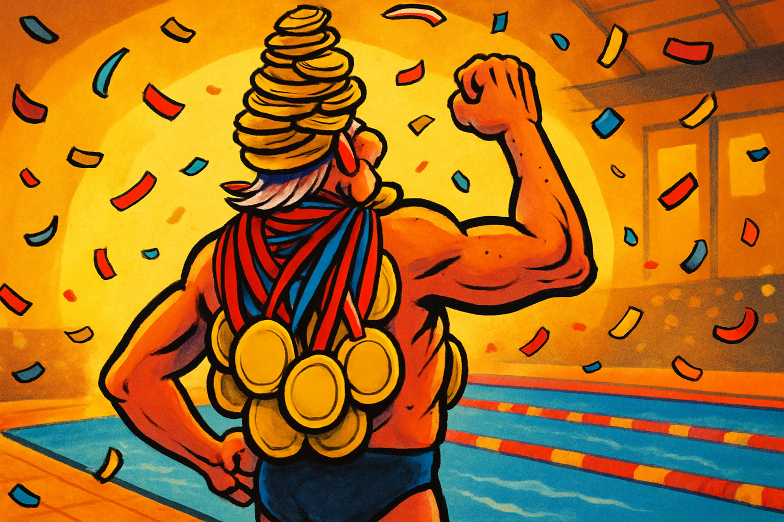 A swimmer seen from behind raises one fist, buried under a towering stack of gold medals piled around his neck as confetti falls beside the pool