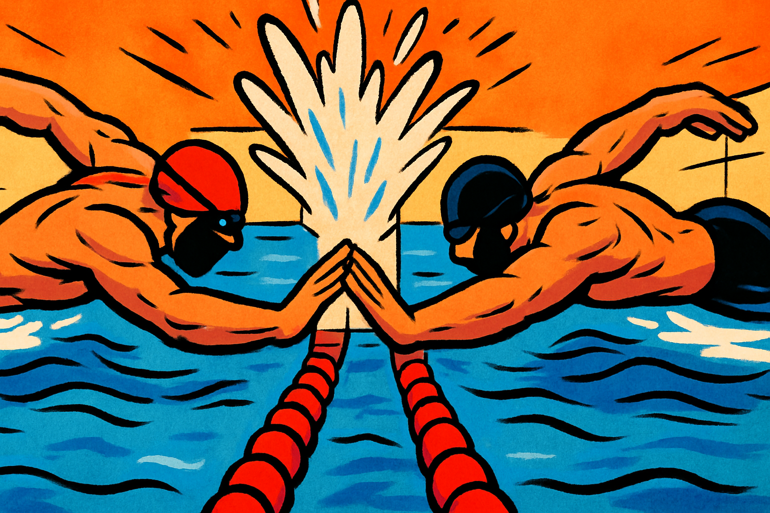 Two swimmers in adjacent lanes lunge in from opposite sides and touch the same point on the wall at the same instant, a burst of spray rising between them