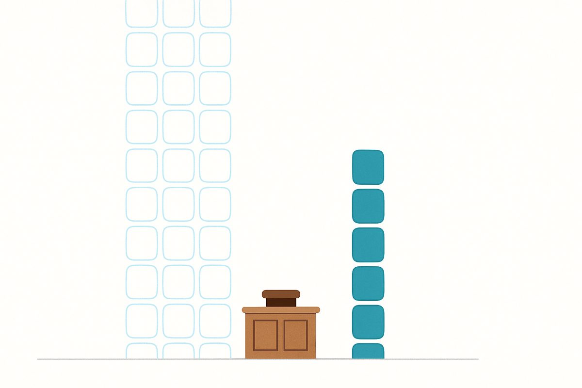 A bright, near-white illustration. On the left a colossal tower of pale-blue outlined, see-through rounded-square tiles