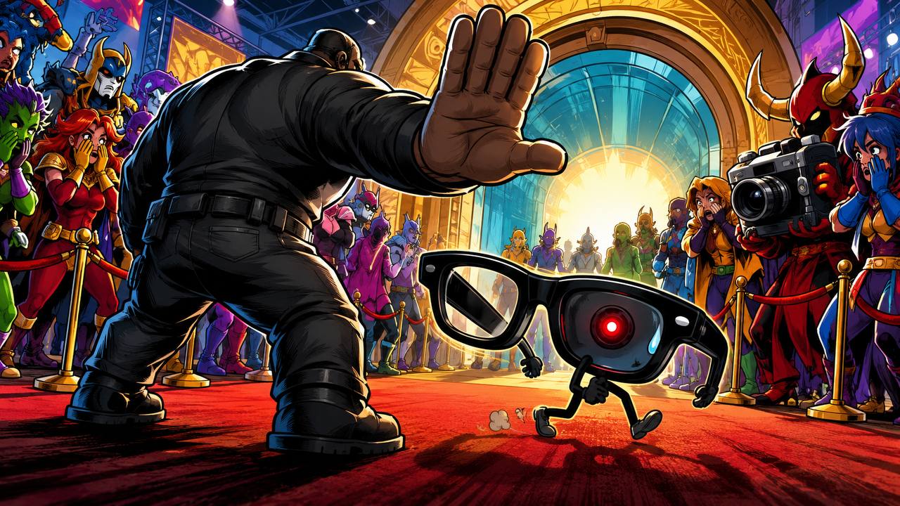 Editorial cartoon: a burly bouncer's outstretched hand blocks a pair of walking black-framed smart glasses with a glowing red camera lens from entering a convention hall packed with costumed fans, one of whom aims a bulky camera.