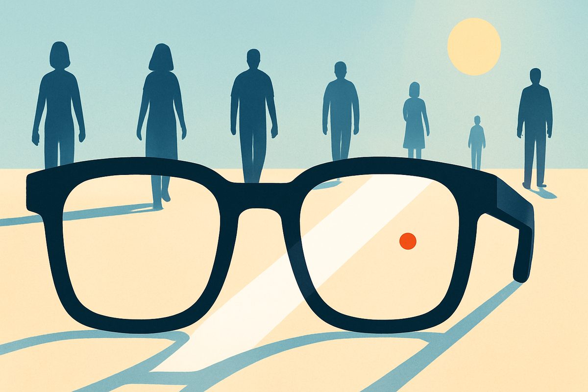 A flat illustration in bright midday daylight: a large pair of chunky black-framed glasses fills the foreground on sunlit