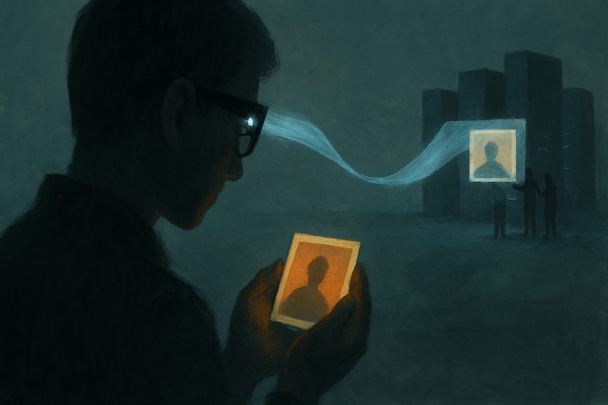 A person in dark glasses, seen from behind in profile, cradles a small warm orange photograph of a shadowy figure close to their chest; from the side of the glasses a ribbon of pale blue light carries an identical picture away across a dim space to a cluster of tall black towers, where three small anonymous figures stand watching the streamed image