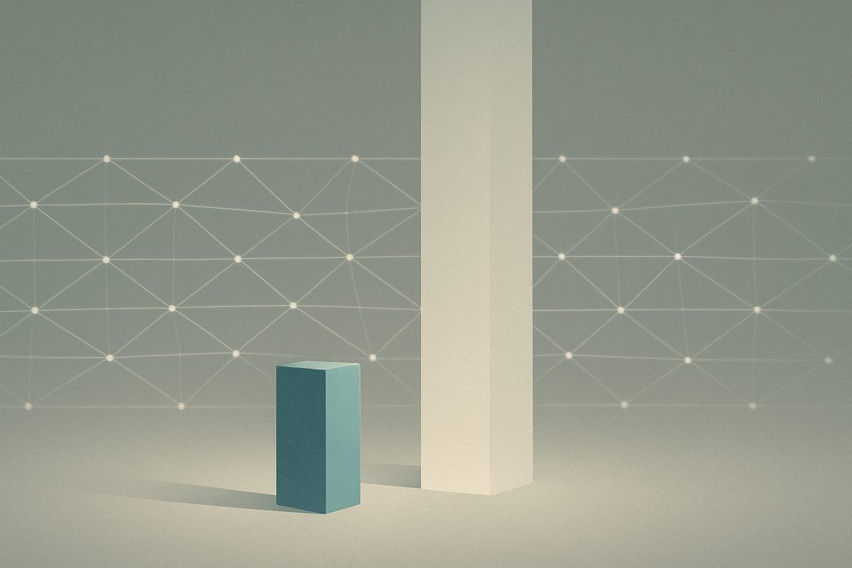 A short, solid teal rectangular column stands on a pale floor, dwarfed by a vastly taller off-white column beside it that