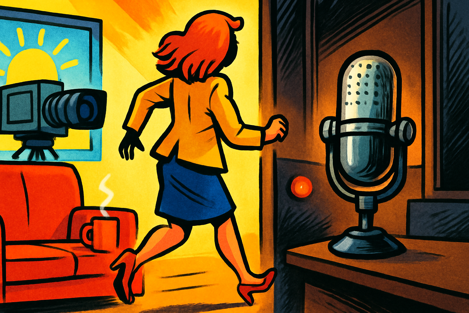 Editorial-cartoon illustration: a woman with auburn hair seen from behind strides away from a brightly lit breakfast-TV set with a red sofa, a steaming mug and a studio camera, toward a large silver radio microphone glowing on a desk in a dim booth