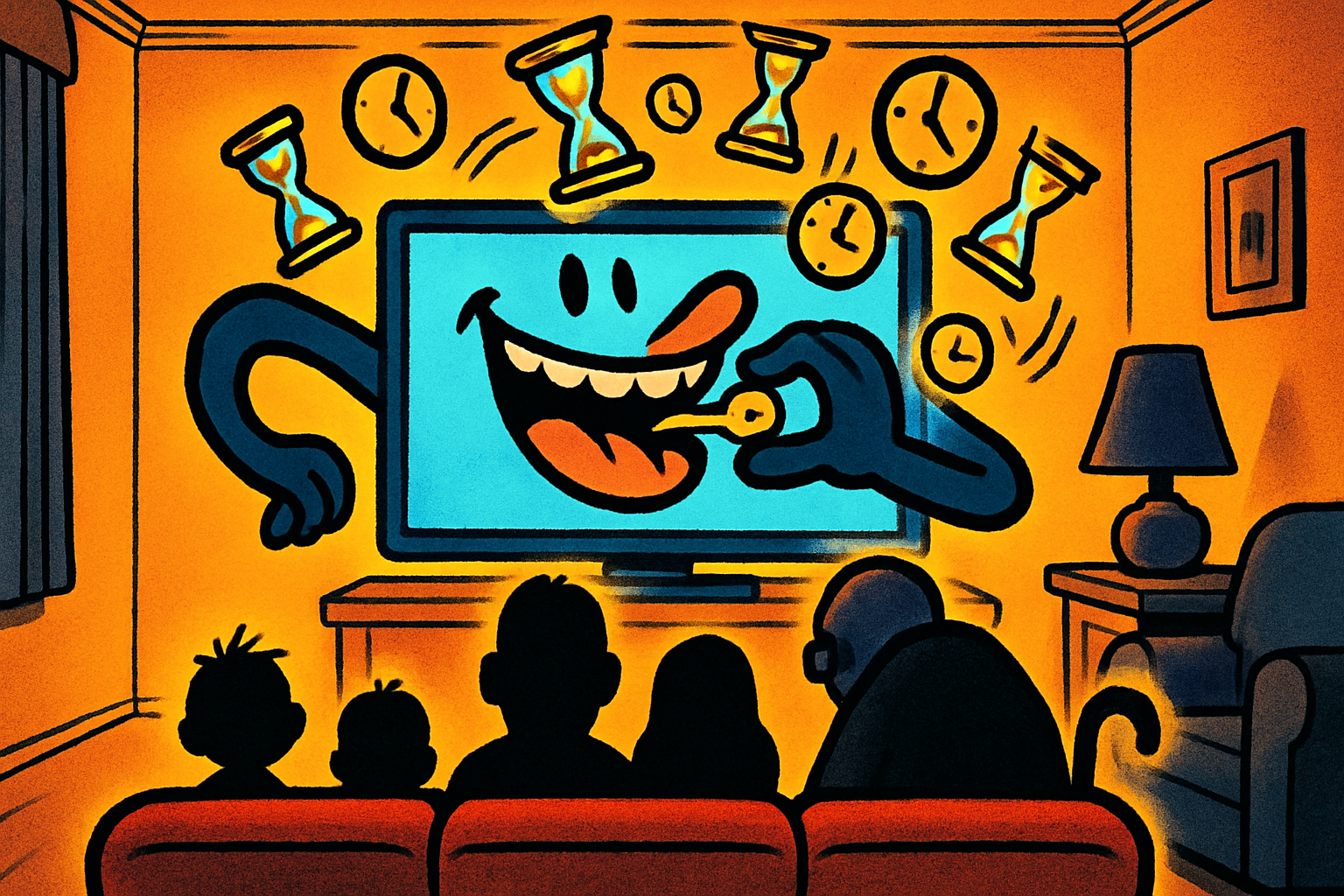 Cartoon of a wall-mounted television with a grinning face and arms greedily eating floating clocks and hourglasses, while a family of different ages sits watching from a red sofa, silhouetted from behind.