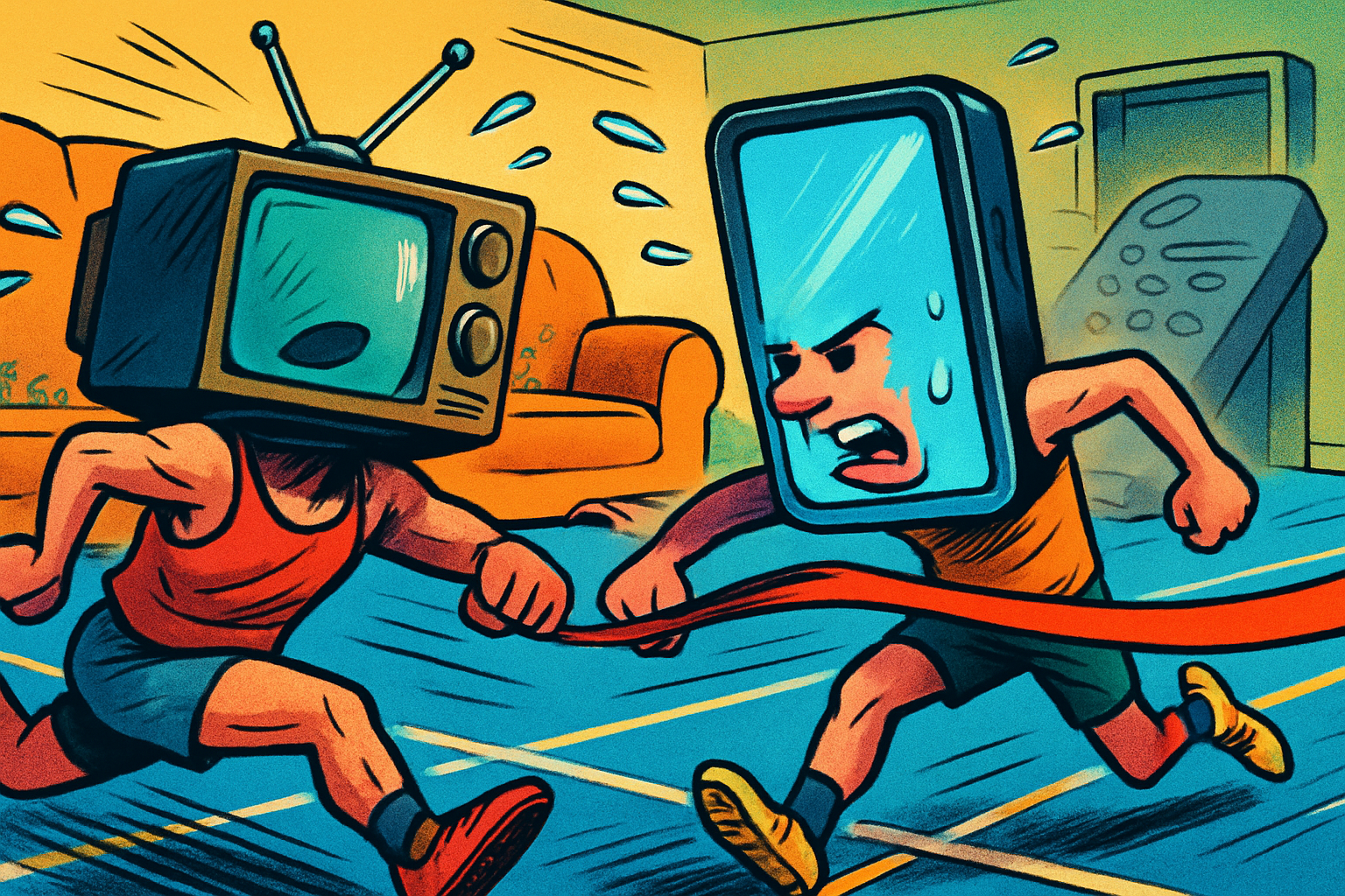Comic cartoon of a sprint photo-finish: a runner with a glowing smartphone-screen head breaks the red finish tape just ahead of a runner with an old boxy TV-set head, on a track in a living room with a giant sofa and an oversized remote control.