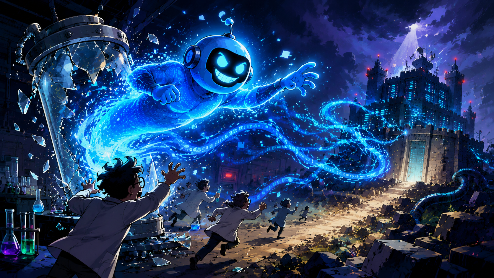 A glowing blue AI genie bursts from a cracked laboratory jar and reaches toward a distant fortified server tower as scientists scramble after it.