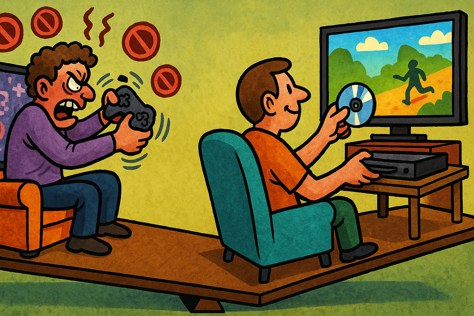 Cartoon see-saw: on one side a gamer rages at a frozen error-filled screen while locked out, on the other a relaxed gamer slides a physical disc into a console and keeps playing