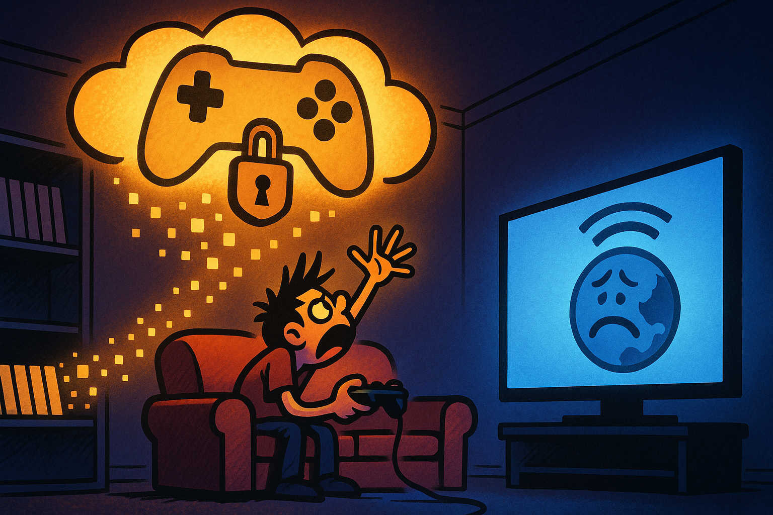 Cartoon of a wide-eyed gamer on a couch reaching up toward a glowing padlocked cloud shaped like a game controller as game-case pixels drift up into it, while the TV shows a sad disconnected globe with a wireless symbol