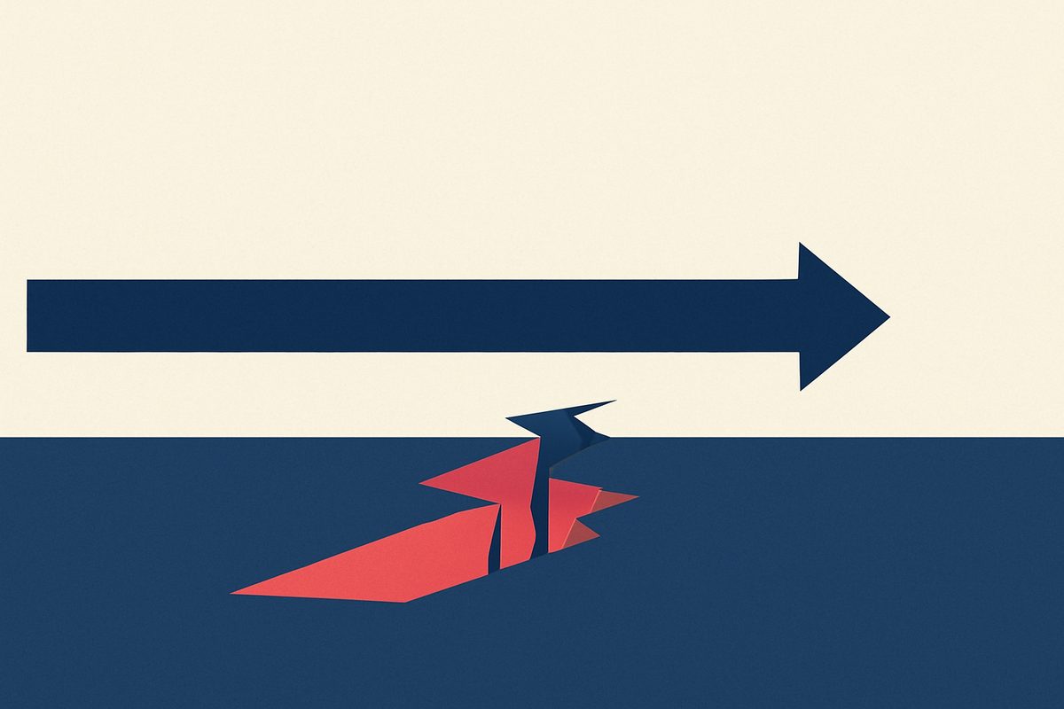 A long dark blue arrow runs unbroken across the frame above a jagged red crack splitting the ground beneath it